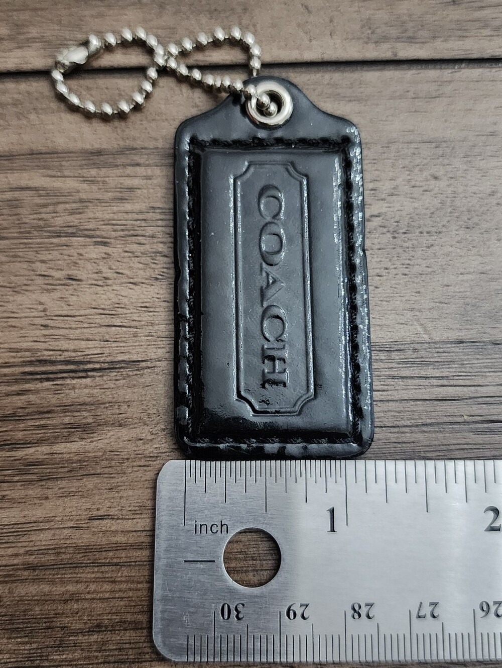 Coach Black Patent Leather Embossed Logo Hang Tag with Silver Ball Chain 2.5 In